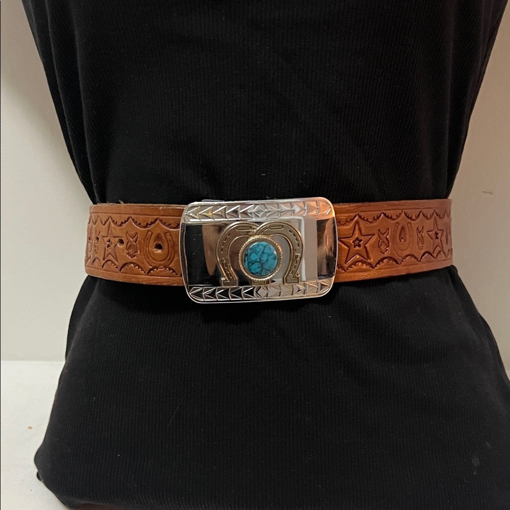 Brown Leather Tooled Belt Silver Turquoise Horseshoes Buckle